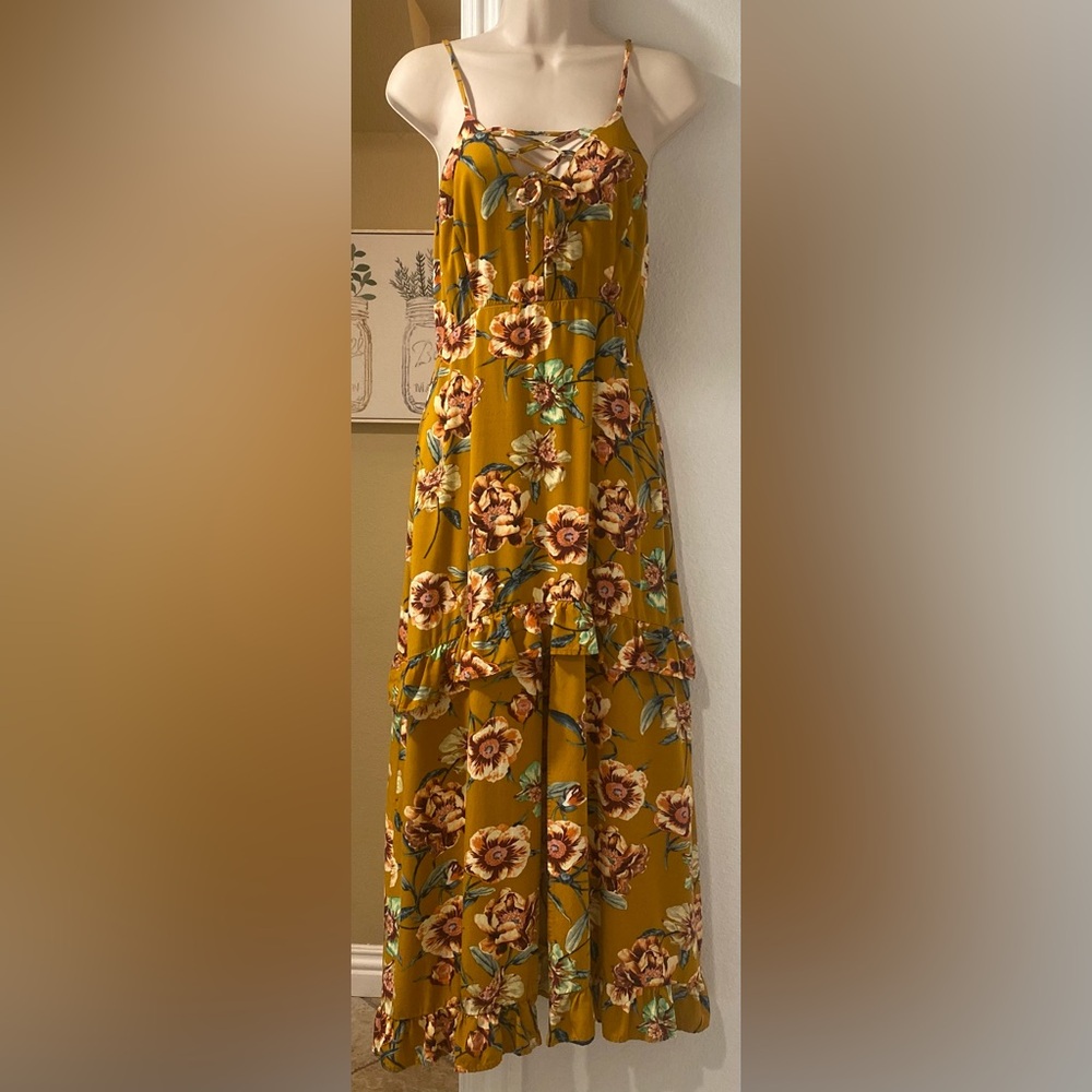 Xhilaration Women’s Mustard Floral Criss Cross Front Long Maxi Dress